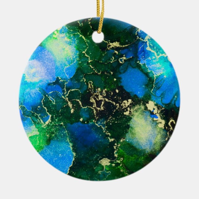 Adorno De Cerámica Impresionante pintura azul y dorada de tinta de al (Frente)