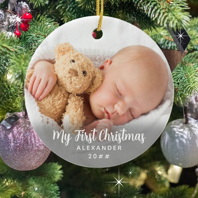 Adorno De Cerámica Incansable e icónico Mi primera Navidad (Front shown. Personalize with your child's photo on the front AND back. Add a name and year. )