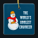 Adorno De Cerámica Ingeniero Coolest Snowman<br><div class="desc">Un muñeco de nieve usando un gorra duro con texto El ingeniero más genial del mundo es un diseño de ingeniería humorística. Regalos divertidos para estudiantes universitarios e ingenieros por cumpleaños y vacaciones de invierno.</div>