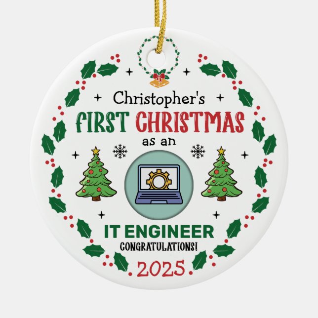 Adorno De Cerámica Ingeniero de TI Primera Navidad Personalizada (Frente)