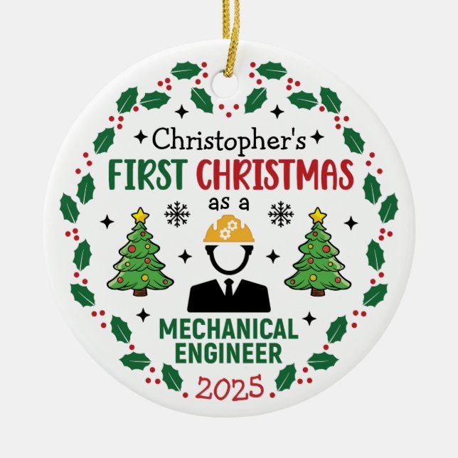Adorno De Cerámica Ingeniero Mecánico Primera Navidad Personalizada (Frente)