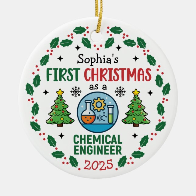 Adorno De Cerámica Ingeniero Químico Primera Navidad Personalizada (Frente)