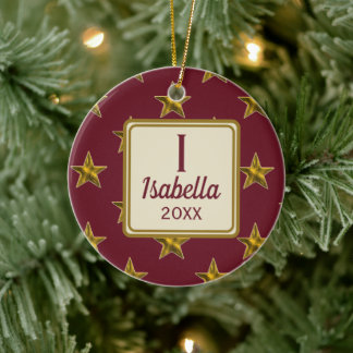 Adorno De Cerámica Inicial de Monograma de Estrella Roja y Dorada de