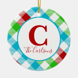 Adorno De Cerámica Initial Monogram Festive Plaid Photo