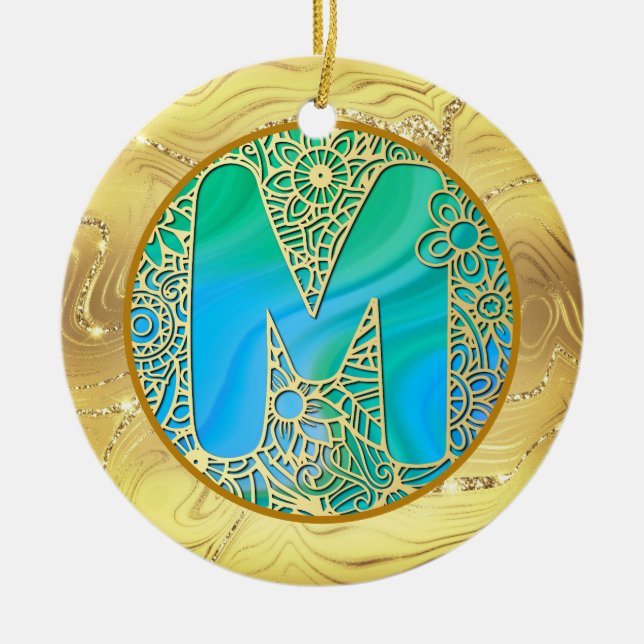 Adorno De Cerámica  Initial Monogram M Christmas - Gold, Teal & Blue (Frente)