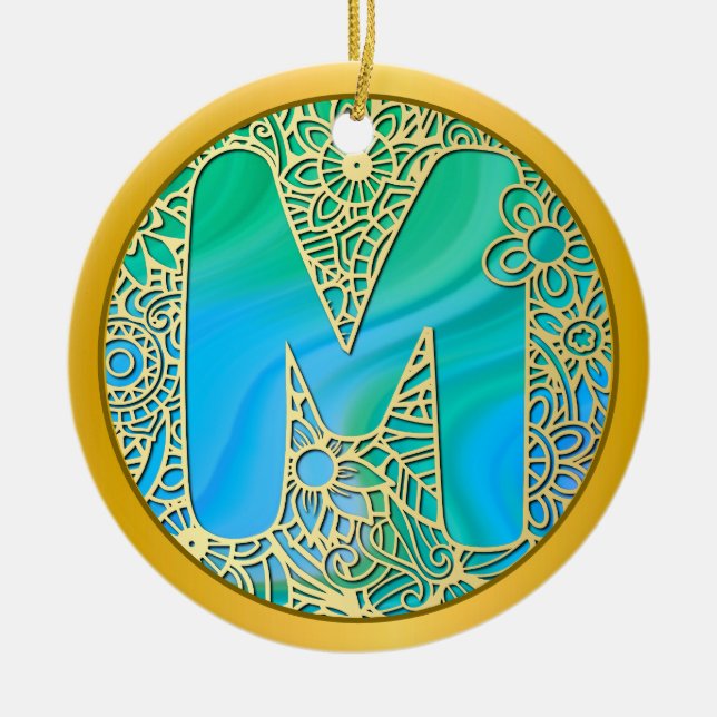 Adorno De Cerámica  Initial Monogram M Christmas - Gold, Teal & Blue (Frente)