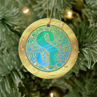 Adorno De Cerámica Initial Monogram S Christmas - Gold, Teal & Blue