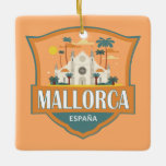 Adorno De Cerámica Insignia de viaje retro de Mallorca España<br><div class="desc">Diseño mallorquín de viajes retro en un estilo emblemático que muestra la Catedral de Santa María. Mallorca es una de las Islas Baleares del Mediterráneo.</div>