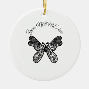 Adorno De Cerámica Intrincado Mandala Bohemio Mariposa Negro y Blanco