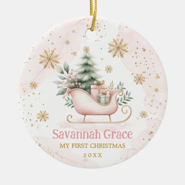 Adorno De Cerámica Invierno de oro rosa Sleigh Baby Girl Primera Navi (Frente)