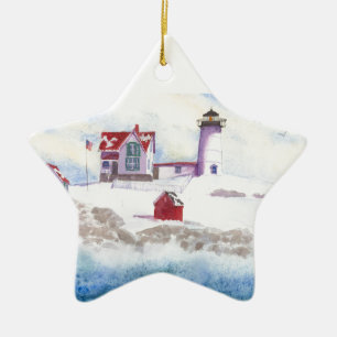 Adorno De Cerámica invierno en Nubble LIghthouse Maine Star Ornament