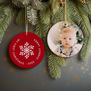 Adorno De Cerámica Invierno Rojo Snowflake Primera Navidad Keepsake