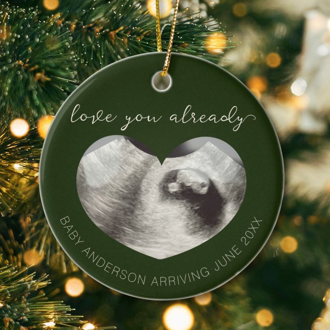 Adorno De Cerámica Invitación del embarazo Ultrasonido Keepsake Heart ("love you already" pregnancy announcement ultrasound photo in a heart shape with name and due date)