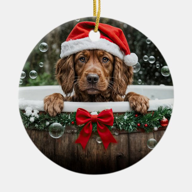 Adorno De Cerámica Irish Setter Cute Christmas Holiday Bubble Bath (Frente)