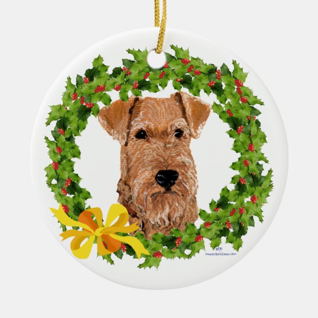 Adorno De Cerámica Irish Terrier Holly Wreath (Frente)