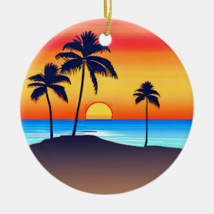 Adorno De Cerámica Isla Tropical al atardecer con palmeras
