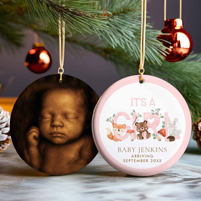 Adorno De Cerámica It’s a Girl Woodland Sonogram Photo Christmas (It's a Girl sonogram photo christmas ornament)