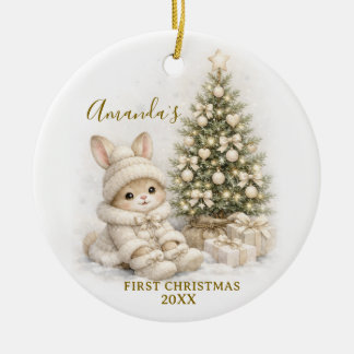 Adorno De Cerámica Ivory Bunny Rabbit First Christmas Keepsake Girl