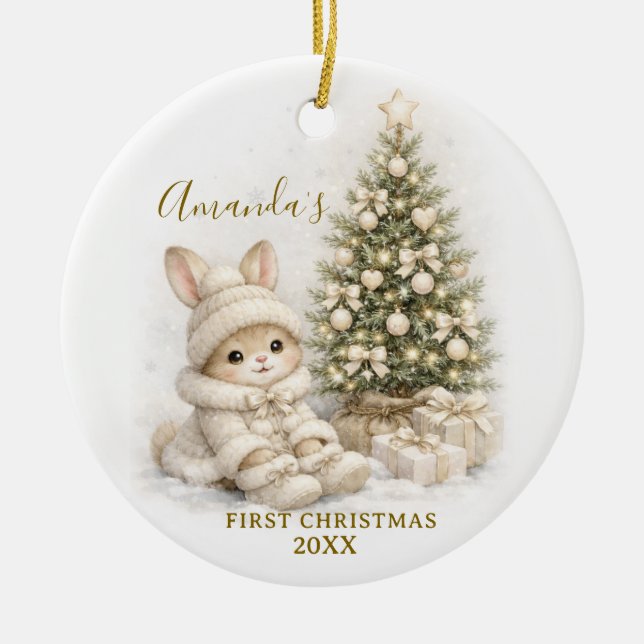 Adorno De Cerámica Ivory Bunny Rabbit First Christmas Keepsake Girl (Frente)