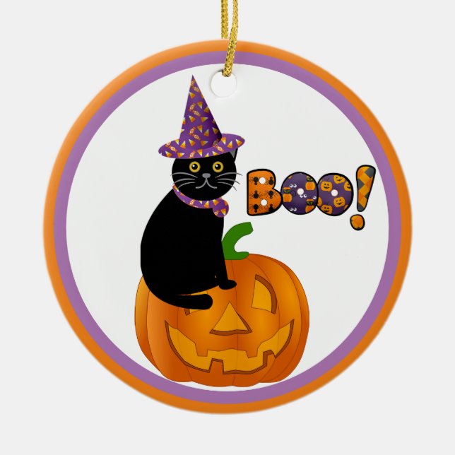 Adorno De Cerámica Jack O Lantern y Black Cat Keepsake Halloween (Frente)