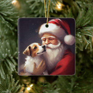 Adorno De Cerámica Jack Russell Con Santa Claus Festivo Navidad