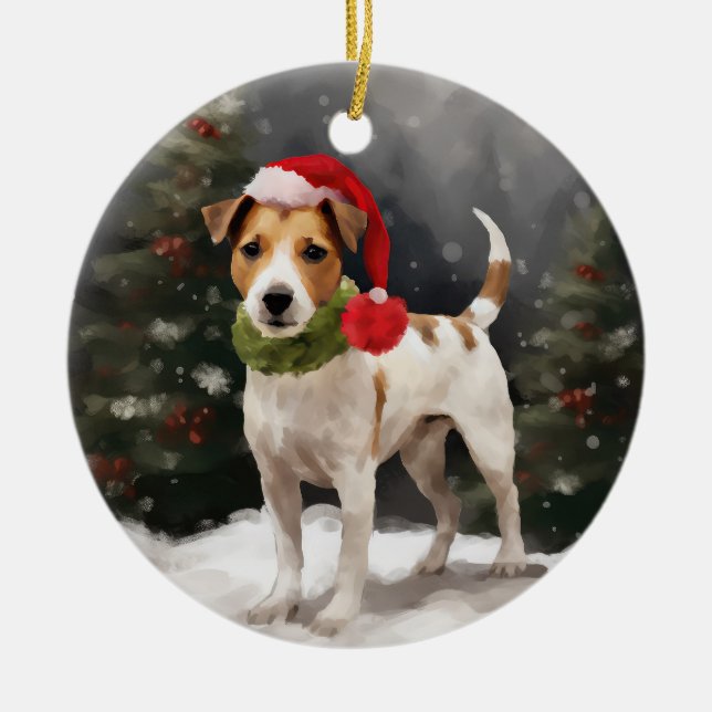 Adorno De Cerámica Jack Russell Dog en Navidades de nieve (Frente)