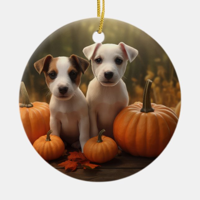 Adorno De Cerámica Jack Russell Puppy Autumn Delight Pumpkin (Frente)
