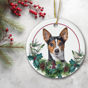 Adorno De Cerámica Jack Russell Terrier Evergreen Berry Wreath