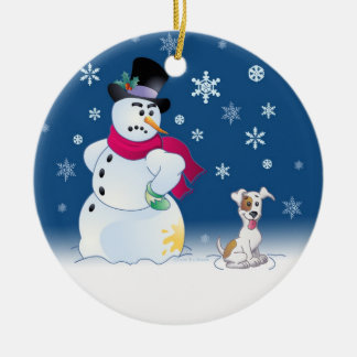 Adorno De Cerámica Jack Russell Terrier y muñeco de nieve