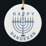 Adorno De Cerámica Jánuca feliz Menorah<br><div class="desc">Estos ornamentos de doble cara bonitos tienen un menorah y las palabras "Jánuca feliz." Vea las invitaciones a juego del fiesta aquí: https://www.zazzle.com/hanukkah_party_funny_whole_latke_fun_invitation-256781977102628379</div>