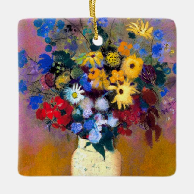 Adorno De Cerámica Jarrón blanco con flores Odilon Redon (Anverso)