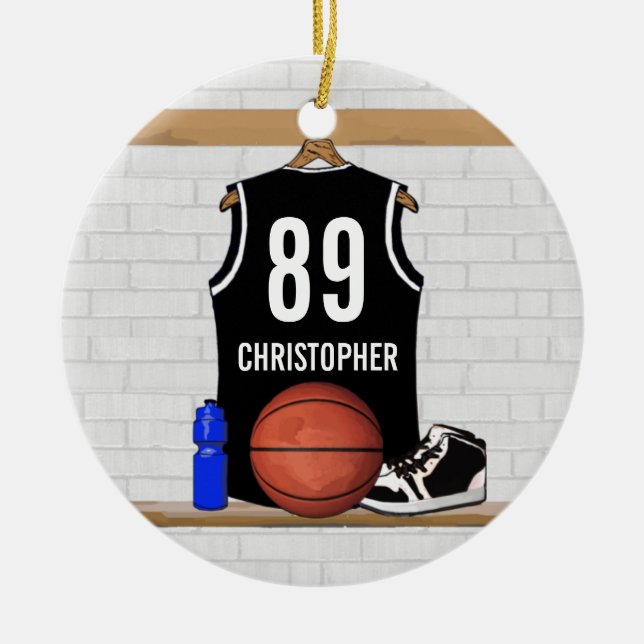 Adorno De Cerámica Jersey blanco y negro personalizado del baloncesto (Frente)