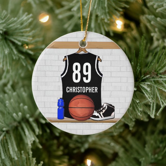 Adorno De Cerámica Jersey de baloncesto blanco y negro personalizado (Árbol)