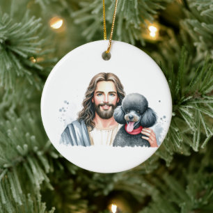 Adorno De Cerámica Jesús con Poodle= 1.ᵉʳ Navidades en el cielo