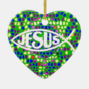 ADORNO DE CERÁMICA JESUS FISH ICHTHYS VENTANA VERDE DE VIDRIO RODADO