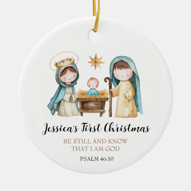 Adorno De Cerámica Jesus Nativity Scene Bible Verse First Christmas (Frente)