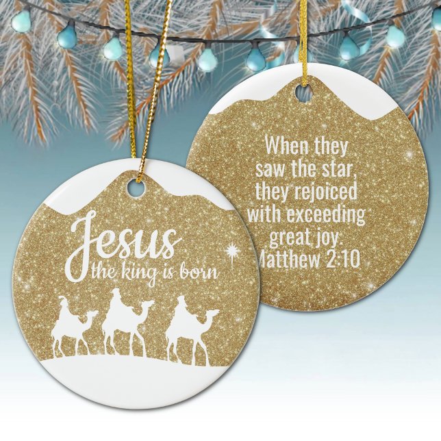 Adorno De Cerámica Jesus the King is Born Divine Passage ⛪️ 🎄 (Customizable phrase Jesus the King is Born, Inspirational Holiday Ceramic Ornament Gold Sparkle 🤴✞)