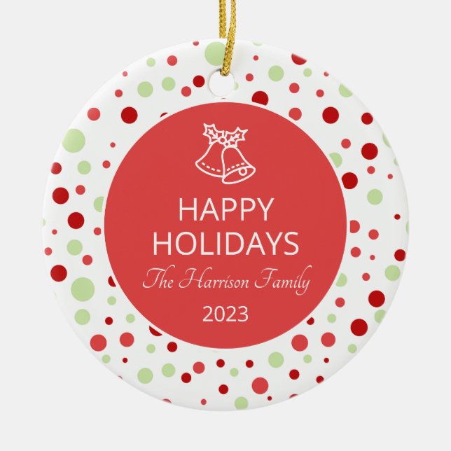 Adorno De Cerámica Jingle Bell Polka Dot Happy Holidays (Frente)