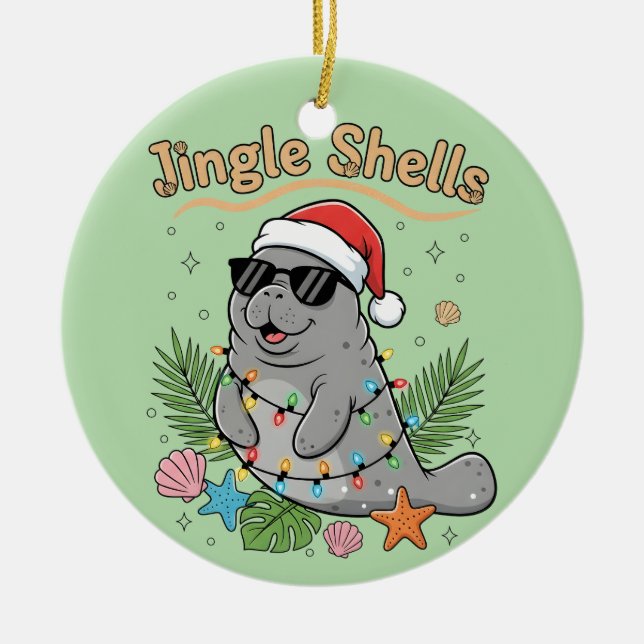 Adorno De Cerámica Jingle Shells Tropical Santa Manatee Christmas (Frente)