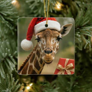 Adorno De Cerámica Jirafa de Navidad con regalo de fiesta