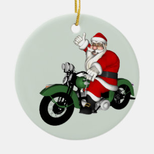 Adorno De Cerámica Jolly Santa Claus montando motocicleta verde