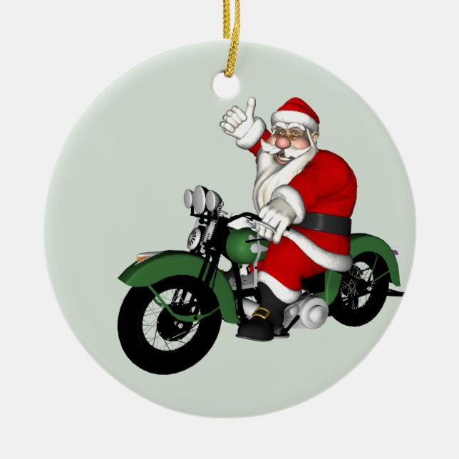 Adorno De Cerámica Jolly Santa Claus montando motocicleta verde (Frente)