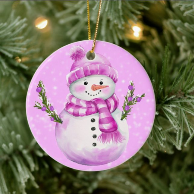 Adorno De Cerámica Jolly Snowman Pink Personalized (Personalize the back with your own message)