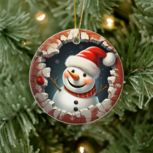 Adorno De Cerámica Jolly Snowman Santa Hat - 3D