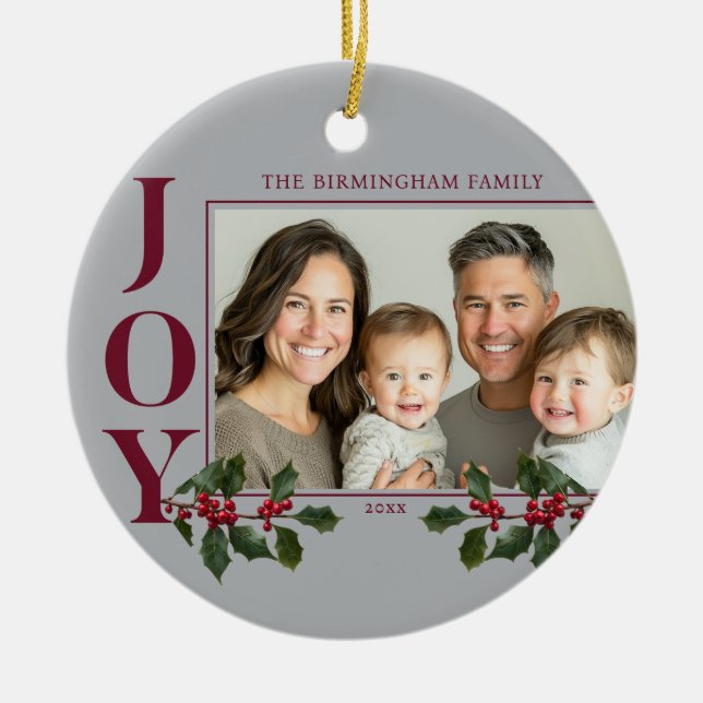 Adorno De Cerámica JOY Family Photo Red Berry Ornament (Frente)
