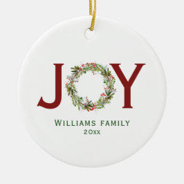 Adorno De Cerámica Joy Watercolor Navidades Wreath Family Name