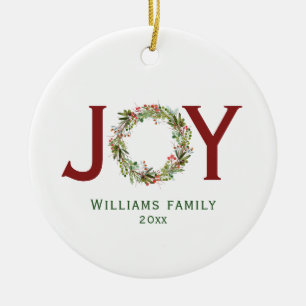 Adorno De Cerámica Joy Watercolor Navidades Wreath Family Name