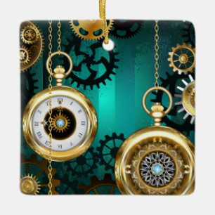 Adorno De Cerámica Joyería Steampunk Reloj en un fondo verde