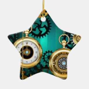 Adorno De Cerámica Joyería Steampunk Reloj en un Fondo Verde