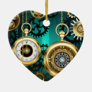 Adorno De Cerámica Joyería Steampunk Reloj en un fondo verde